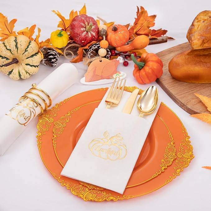 100PCS Thanksgiving Napkins Disposable - White and Gold Paper Napkins with Built-in Flatware Pocket Prefolded Cloth Like - Heavy-duty Linen-Feel Dinner Napkins for Thanksgiving & Dinner