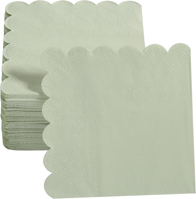 200 Pack Cocktail Napkin 2-Ply Scalloped Edged Dessert Napkins Folded 5 x 5 Inches Disposable Napkins for Dinner Wedding Birthday Party Bridal Anniversary Reception Event (Sage Green)