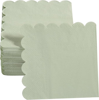 200 Pack Cocktail Napkin 2-Ply Scalloped Edged Dessert Napkins Folded 5 x 5 Inches Disposable Napkins for Dinner Wedding Birthday Party Bridal Anniversary Reception Event (Sage Green)