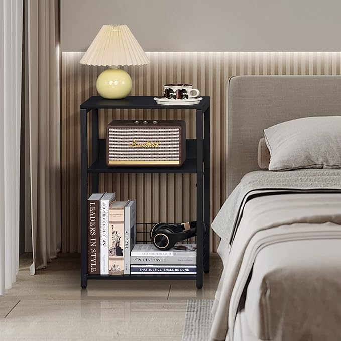 LELELINKY Black End Table, Small Side Table with Metal Frame,Modern Record Player Stand with Storage Shelf, Wood 3 Tier Sofa Bedside Tables, Narrow Nightstand for Living Room Bedroom Office