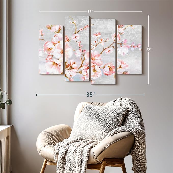 Elephant Stock Spring Cherry Blossoms Wall Art - Horizontal Canvas - 4-Piece Living Room Wall Decor - Painting Floral and Botanical Canvas Print - Pink and Brown Decor for Wall by Eva Watts - 36" X 22"