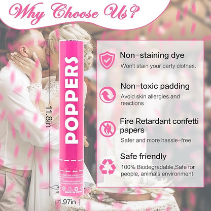 Confetti Cannon Pink 12 Pack Biodegradable Handheld Confetti Party Poppers for Weddings, Gender Reveals, Birthdays & Celebrations 12-Inch Twist Confetti Shooters for Party Fun