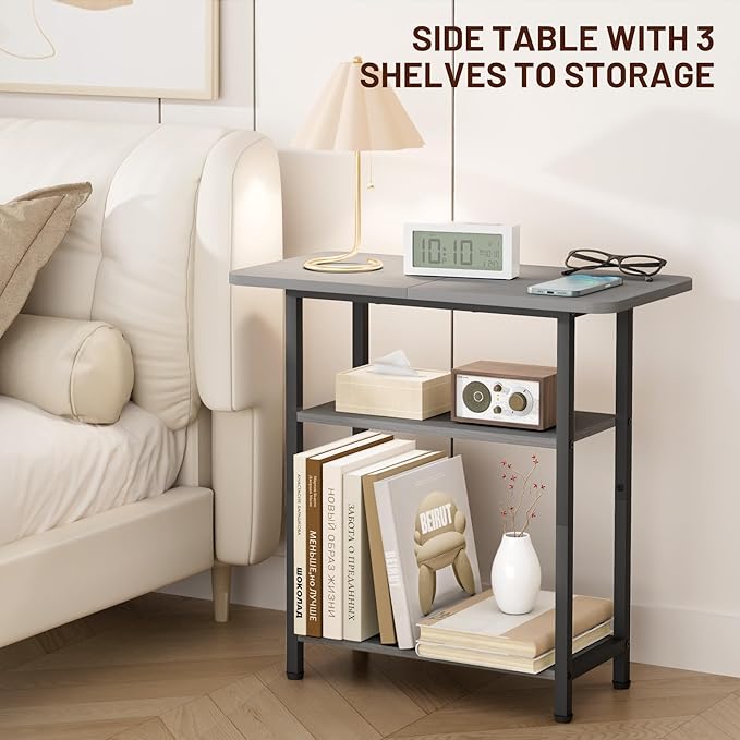 SLEEPING LAMB Side Table for Living Room, 3-Tier End Table for Small Space with Wide Storage Tabletop, Narrow Nightstand for Bedroom, Sofa Couch, Grey