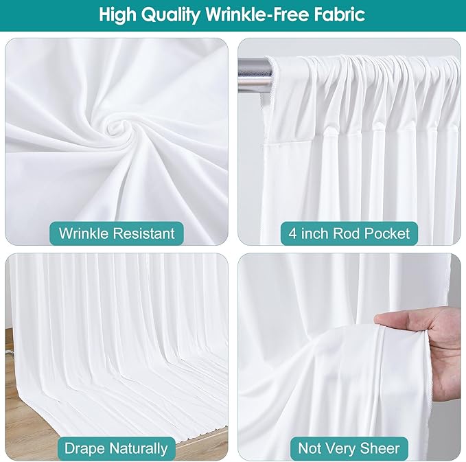 White Wedding Backdrop Curtains 10 x 10 Photo Curtains Backdrop - Wrinkle Resistant Polyester - Soft Fabric Drapes for Baby Shower Party Bridal Shower Birthday Baptism Ceremony, 5ft x 10ft, 2Panels