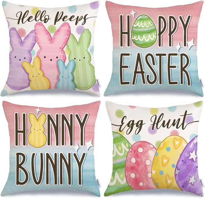 GEEORY Happy Easter Eggs Hello Peeps Throw Pillow Covers 18x18 Inch Set of 4, Hunny Bunny Polka Dots Spring Decorative Farmhouse Holiday Cushion Case for Home Decoration G687-18