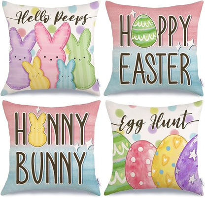 GEEORY Happy Easter Eggs Hello Peeps Throw Pillow Covers 18x18 Inch Set of 4, Hunny Bunny Polka Dots Spring Decorative Farmhouse Holiday Cushion Case for Home Decoration G687-18