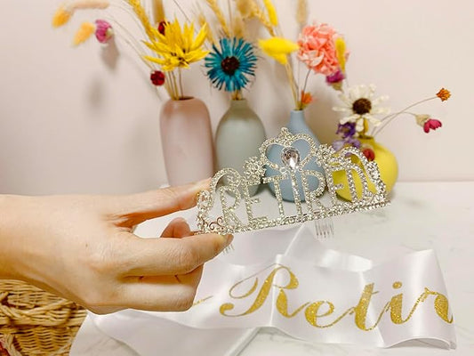 JETKONG Retirement Party Decorations Retired Tiara/Crown, Retired Sash for Women Retirement Gifts, Retirement Party Supplies, Gifts, Favors (Silver)