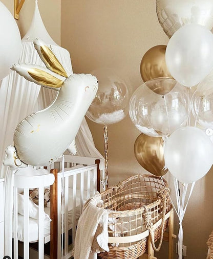 Bunny Balloon Set – 20+ PCS White & Gold Baby Shower Balloon Kit with 31" Rabbit, Feathers & Ribbon – Elegant Nursery or 1st Birthday Decoration
