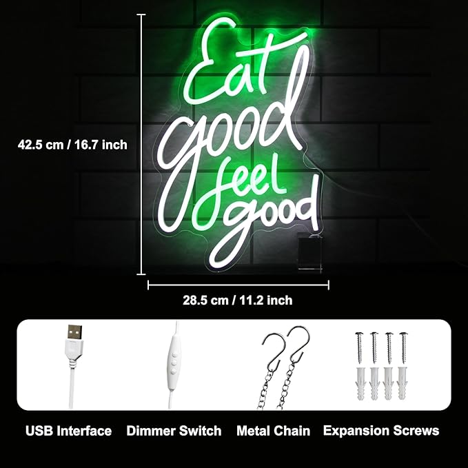 Eat Good Feel Good Neon Sign Green White Letter LED Neon Light Sign Food Neon Signs for Wall Decor Health LED Sign Dimmable Light Up Signs for Restaurant Kitchen Snack Shop Party Decor
