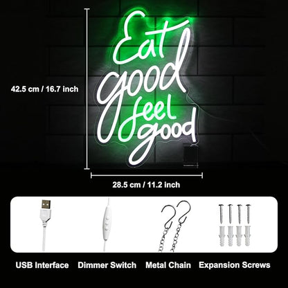 Eat Good Feel Good Neon Sign Green White Letter LED Neon Light Sign Food Neon Signs for Wall Decor Health LED Sign Dimmable Light Up Signs for Restaurant Kitchen Snack Shop Party Decor