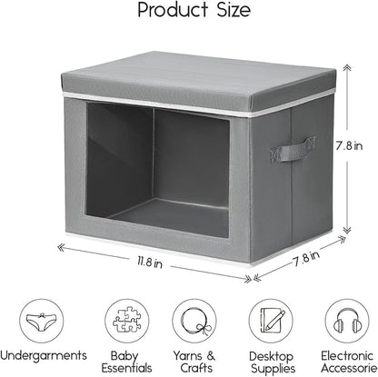 Storage Bins with Lids - Small Fabric Organizers with Window, Collapsible Storage Bins for Clothes, Decorative Closet Organizers for Towels, Tshirt, 3 Pack, Grey