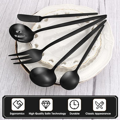 Matte Black Serving Silverware Set, 5-Piece Round Shared Utensils Set of Stainless Steel, Hostess Flatware Serving Set, Satin Finish, Dishwasher Safe