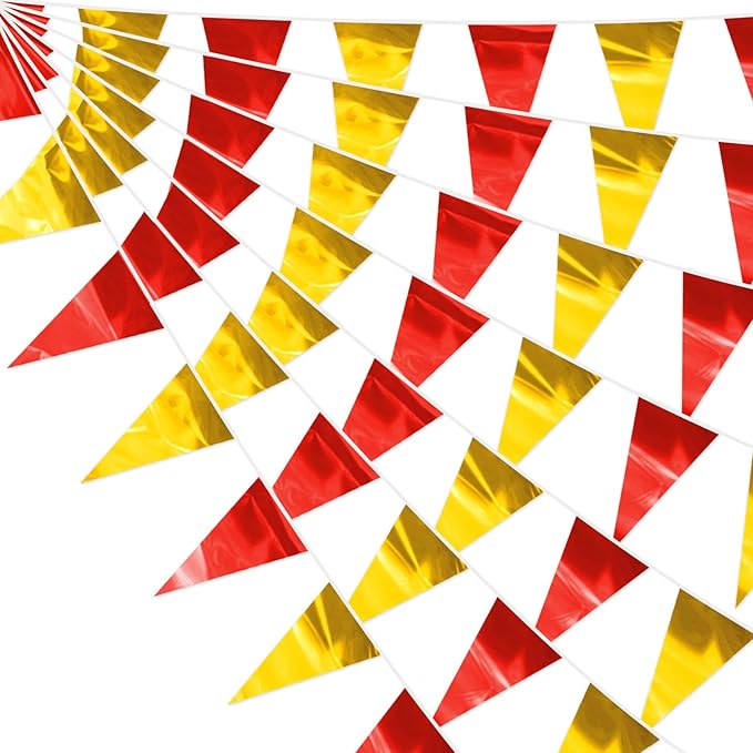 65FT Red Gold Glitter Triangle Pennant Banner Flag Metallic Bunting Fabric Garland for Christmas Graduation Anniversary Birthday Engagement Wedding Anniversary Casino Party Decorations Supplies
