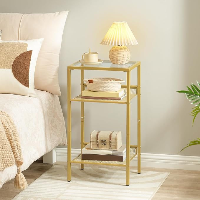 HOOBRO Gold Side Table, Tall Telephone End Table with Mesh Shelves, 3-Tier Nightstand with Tempered Glass Tabletop, for Living Room, Bedroom, Gold GD04DH01