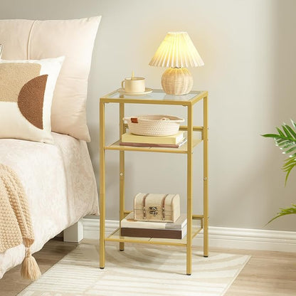 HOOBRO Gold Side Table, Tall Telephone End Table with Mesh Shelves, 3-Tier Nightstand with Tempered Glass Tabletop, for Living Room, Bedroom, Gold GD04DH01
