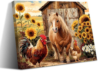 Rustic Farmhouse Horse Wall Art,Vintage Horse Sunflower Canvas Wall Art,Brown Rooster Animals Pictures Wall Decor Framed Artwork for Bedroom Living Room Kitchen Bathroom 12"x16"