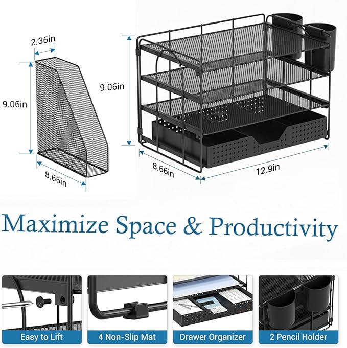 Desk Organizer, 4-Tier Paper Organizer Letter Tray with File Holder, Drawer and 2 Pen Holders, Desktop File Organizer for Office Supplies, Workspace Storage, Black
