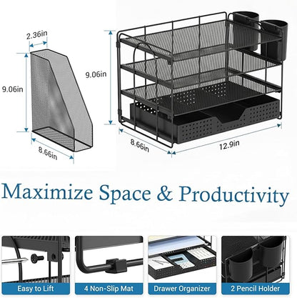 Desk Organizer, 4-Tier Paper Organizer Letter Tray with File Holder, Drawer and 2 Pen Holders, Desktop File Organizer for Office Supplies, Workspace Storage, Black