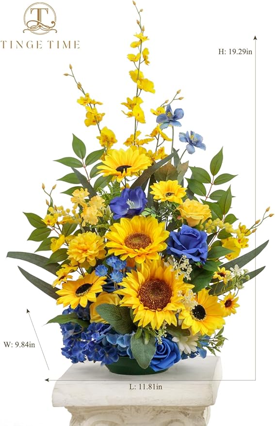 TINGE TIME Free Standing Artificial Sunflower Flowers Set of 2, Wedding Arch Altar Stage Decorations, Silk Fake Flower for Wedding Centerpiece Archway Aisle Welcome Entrance (Sunflower&RoyalBlue)