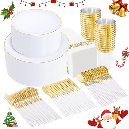Supernal 350pcs Gold Plastic Dinnerware Set for 50 Guests,Fancy Disposable Plates for Party,Gold Plastic Silverware with White Handle,Disposable White Plates Wedding,Birthday