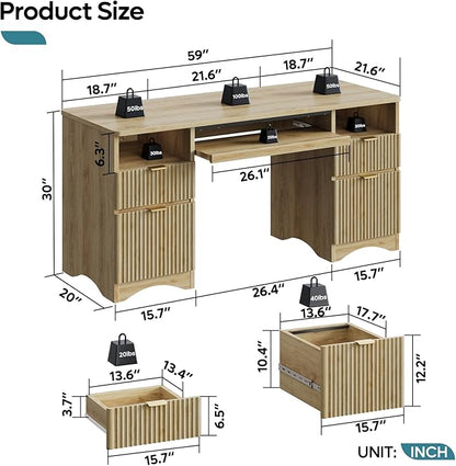 Bestier Computer Desk with Keyboard Tray, 59 inch Office Desk with 4 Drawers, Modern Home Office Desk with File Drawer (Natual Oak, 59" W with Double-Sided Drawers)