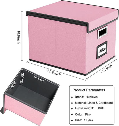 Huolewa File Organizer Box with Lid, Collapsible File Folder Organizer for Office Document Storage, Filing Box with Plastic Slide for Letter Size Hanging File Folders(1 Pack, Pink)