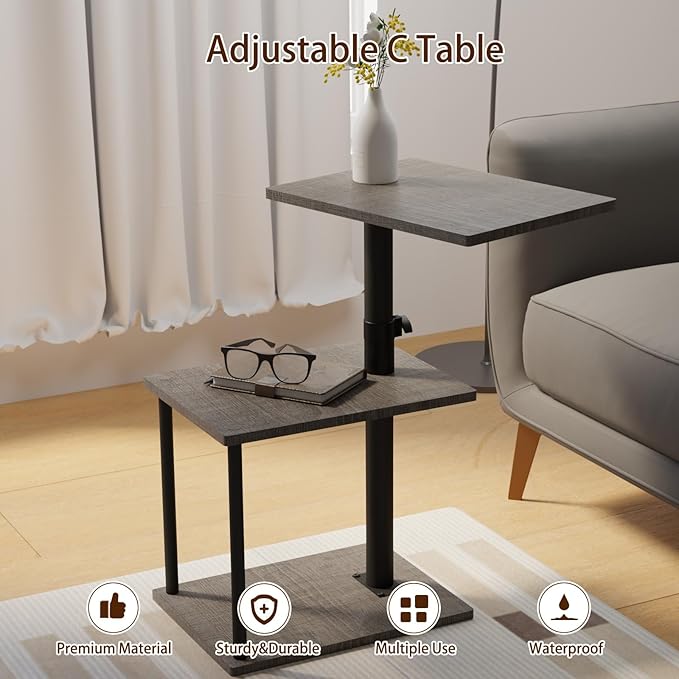 Swivel Side Table for Couch Arm, Height Adjustable C Table for Recliner or Bed, Tv Trays with Storage Shelf for Small Spaces- Small Nightstand Table for Living Room, Bedroom