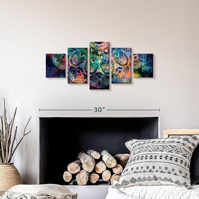 ElephantStock - Celestial Mandala Wall Art - Horizontal Multi Panel Canvas - 5 Piece Living Room Wall Decor - Digital Art Elements Multi Piece Wall Art - Turquoise And Blue Decor - 29" x 12"