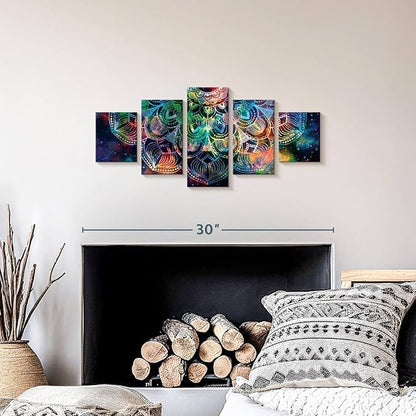 ElephantStock - Celestial Mandala Wall Art - Horizontal Multi Panel Canvas - 5 Piece Living Room Wall Decor - Digital Art Elements Multi Piece Wall Art - Turquoise And Blue Decor - 29" x 12"