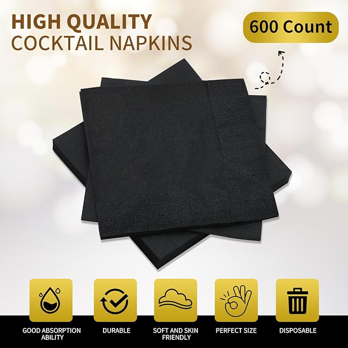 Cocktail Napkins - 600 Count 2-Ply Black Napkins Disposable, 4.75 x 4.75 Inch Folded Paper Napkins Bulk Beverage Napkins for Dinner Wedding Bar Party and Everyday Use
