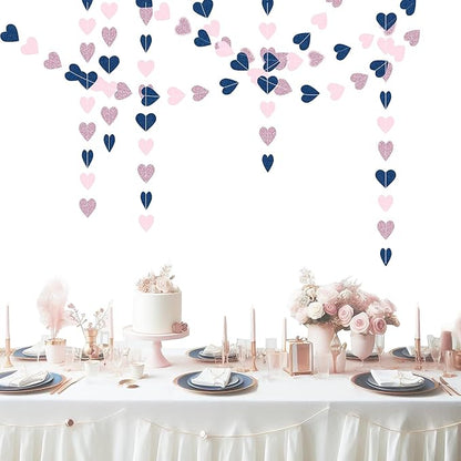 Navy-Blue Pink Rose-Gold Party Decorations - 52Ft Paper Heart Garland Streamers for Baby Shower, Gender Reveal, Birthday, Engagement, Bachelorette, Wedding