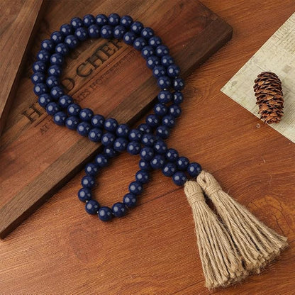 Wood Bead Garland 58 Inch Blue Wooden Beads for Boho Farmhouse Table Home Decor with Tassel, Wooden Prayer Bead, Rustic Country Boho Wall Hanging Decor for Kitchen Modern Living Room Tray Vase Shelf