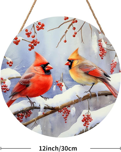 Winter Cardinal Bird Door Wreaths for Front Xmas Welcome Birds Wood Hanger Snowy Winter Branches Berry Door Sign Christmas Holiday Sign for Home Front Porch Wall Outdoor Outside 12in