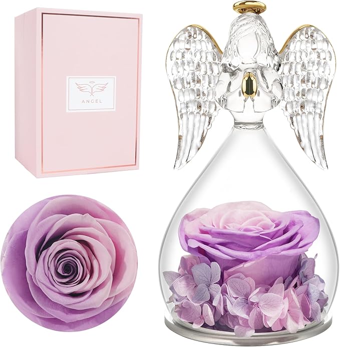 Miofula Preserved Flower Rose Birthday Gifts for Mom, Angel Figurines with Forever Real Rose Gifts for Her Mom Grandma, Angels Gifts for Mothers Day Christmas Anniversary Thanksgiving Birthday Gifts