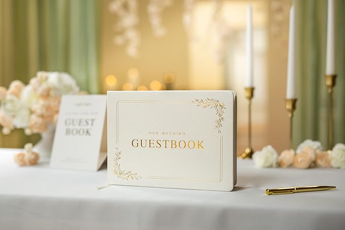 Floral Embossed Wedding Guest Book Set - 9 x 7.5 Hardcover Guestbook for Wedding Reception Sign in, Messages, Bridal Shower Engagement Party (White Cream)