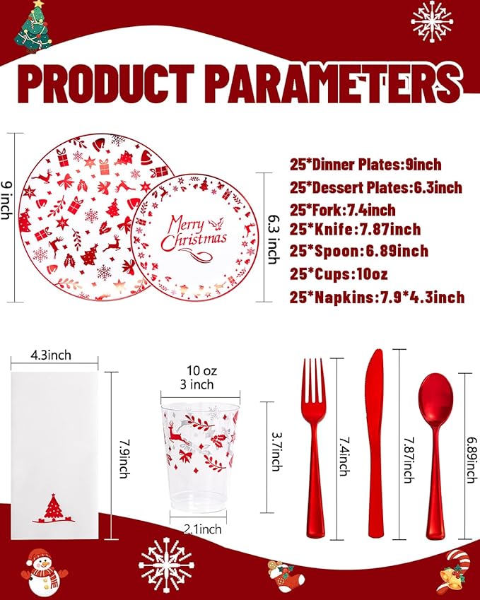 Ciaell 175PCS Christmas Plastic Plates - Red Plastic Plates - Christmas Disposable Dinnerware Sets Include 50Plates, 75Silverware, 25 Cups and 25Napkins for Xmas Parties