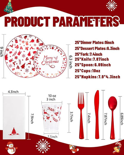 Ciaell 175PCS Christmas Plastic Plates - Red Plastic Plates - Christmas Disposable Dinnerware Sets Include 50Plates, 75Silverware, 25 Cups and 25Napkins for Xmas Parties