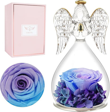 Miofula Preserved Flower Rose Birthday Gifts for Mom, Glass Angels Figurines with Forever Real Rose Gifts for Women Mom Grandma, Angels Gifts for Valentines Day Christmas Anniversary
