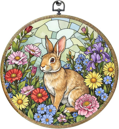 Cute Flower Rabbit Bunny Lovers Gift Garden Decor Framed Round Wall Decor Canvas Wall Art Hanging Prints Artwork for Home Porch Bedroom Housewarming Birthday Christmas Party 10.2X10.2 Inch
