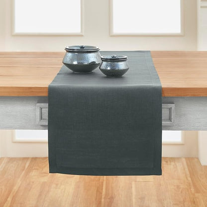 Solino Home Linen Table Runner 120 Inches Long - 100% Pure Linen Dark Grey Dining Table Runner 14 x 120 Inch for Fall, Autumn, Winter - Fete