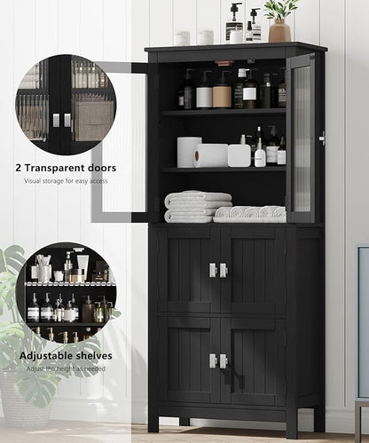 53.1" H Tall Bathroom Storage Cabinet, Bathroom Floor Cabinet with 6 Doors and Adjustable Shlef, Linen Cabinet, Pantry Cabinet for Living Room, Kitchen, Entryway, Black