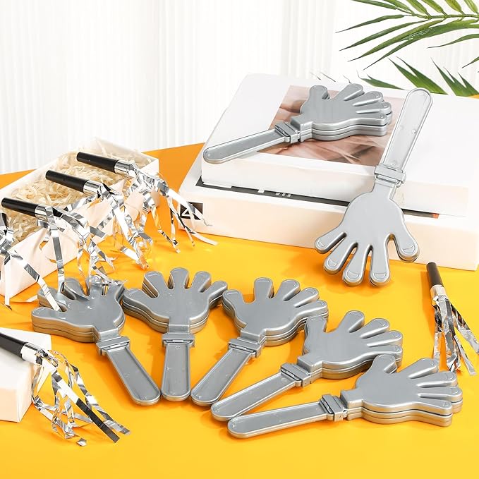 48 Pack Party Noisemakers New Years Eve Party Supplies Include 24 7.5 Inch Large Hand Clappers 24 Blowers Whistle for Aldult Birthday 2025 New Years Eve Favor(Silver)