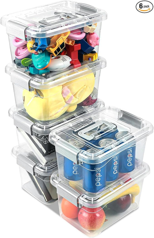 Plastic Storage Bins 7 Quart-Storage Organizer Bins with Grey Buckle Lids, Stackable Storage Bins with Lids for Home Office Kids Room Closet School Art Supplies Organization,6 Packs, Clear
