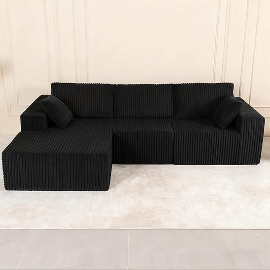 L Shaped Modular Boneless Sectional Couches for Living Room, Wide Armrest, Deep Seat, Memory Foam, Assembly Free, Modern Comfy Corduroy Fluffy Cloud Sofa with Left Chaise, Black