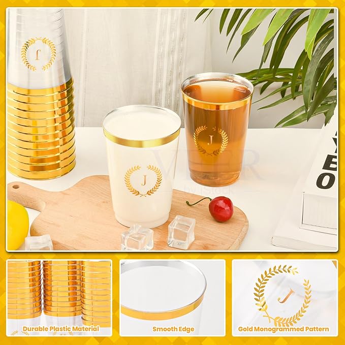 100 Pieces Monogrammed Plastic Cups Gold Foil Letter J Disposable Cups 12 oz Clear Initial Party Cups for Wedding Birthday Baby Shower Personalized Party Drinkware