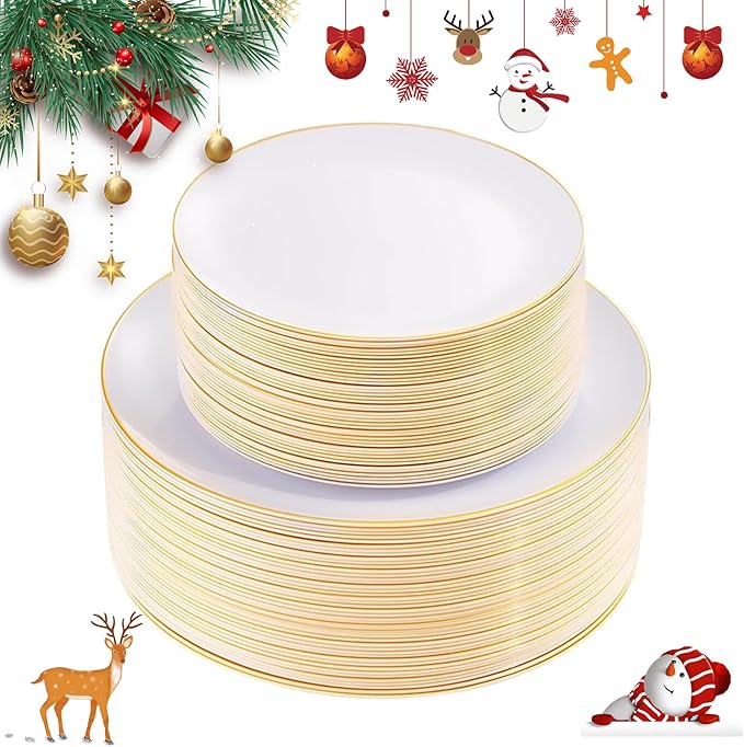 KIRE 100PCS Disposable Plates - White with Gold Rim for Christmas Party/Wedding - Includes 50Pieces 10.25inch Dinner and 50Pieces 7.5inch Dessert/Salad Plates