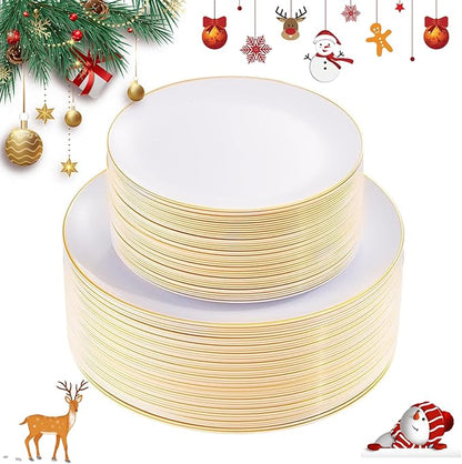 KIRE 100PCS Disposable Plates - White with Gold Rim for Christmas Party/Wedding - Includes 50Pieces 10.25inch Dinner and 50Pieces 7.5inch Dessert/Salad Plates