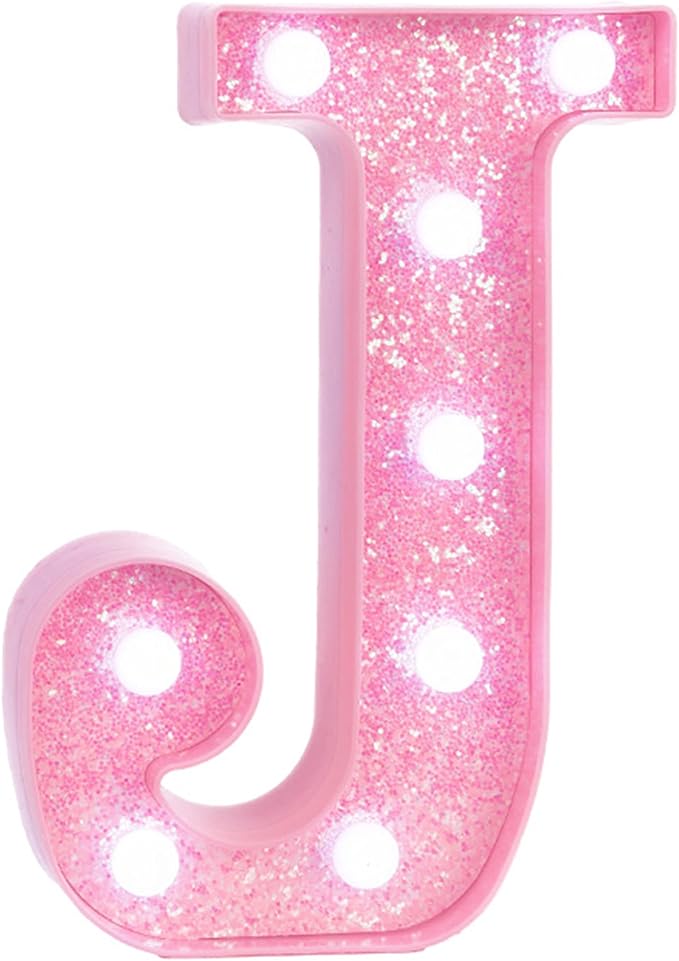Pink LED Marquee Light Up Letters, Glitter Alphabet Letter Lights for Birthday Party Decorations, Battery Operated Letter Signs for Girls Room Table Decor, Pink letter J with Cool White Lights