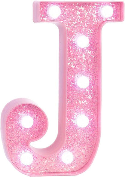Pink LED Marquee Light Up Letters, Glitter Alphabet Letter Lights for Birthday Party Decorations, Battery Operated Letter Signs for Girls Room Table Decor, Pink letter J with Cool White Lights