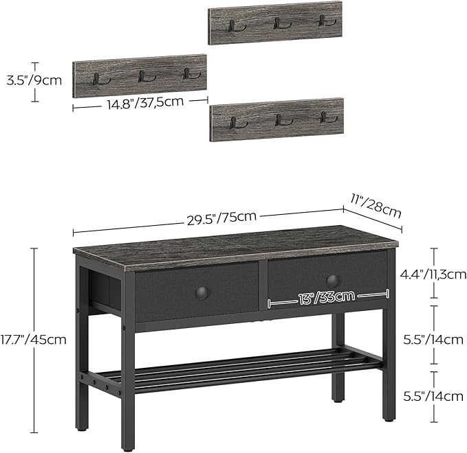 Hall Tree with Bench and Shoe Storage, Entryway Bench with Coat Rack, 4-in-1 Coat Rack Shoe Bench, Multifunctional, for Front Door, Hallway, Foyer, Charcoal Grey and Black MT05BC